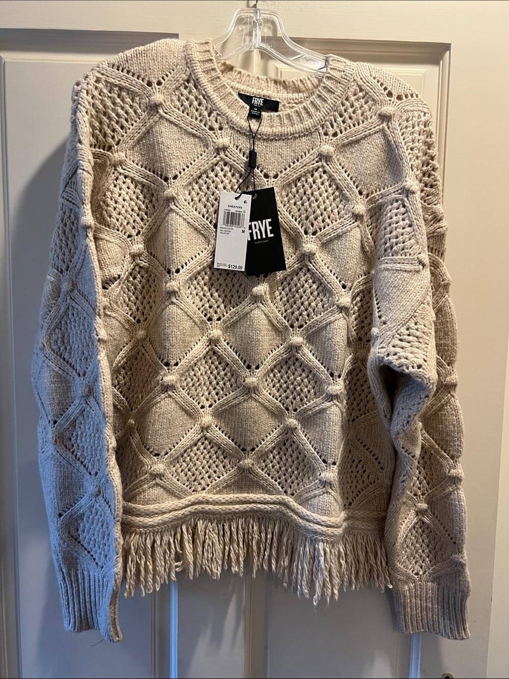 Frye Cream Diamond Openwork Fringe Crewneck Sweater